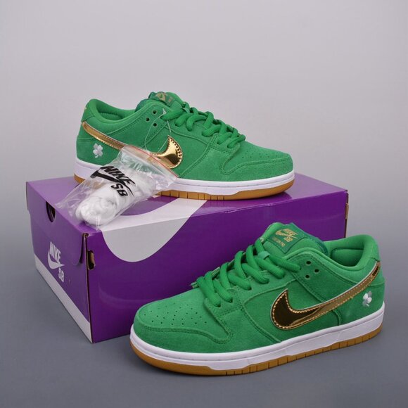 "2021 Nike Sb Dunk Low Pro St. Patrick's Day Green Metallic Gold BQ6817-303  Sal - Picture 1 of 9
